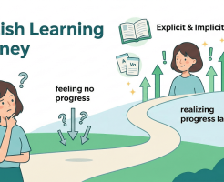 英語学習の道のりで、手応えを感じられず悩む女性と、その先の成長を信じて進み続けるイメージイラスト